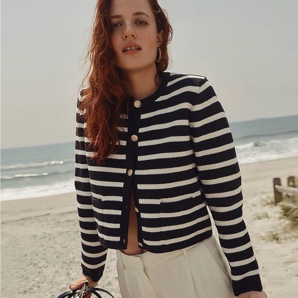 J.Crew Emilie Sweater Lady Jacket in Black Ivory Stripe Knit Cardigan sz L - Picture 4 of 13